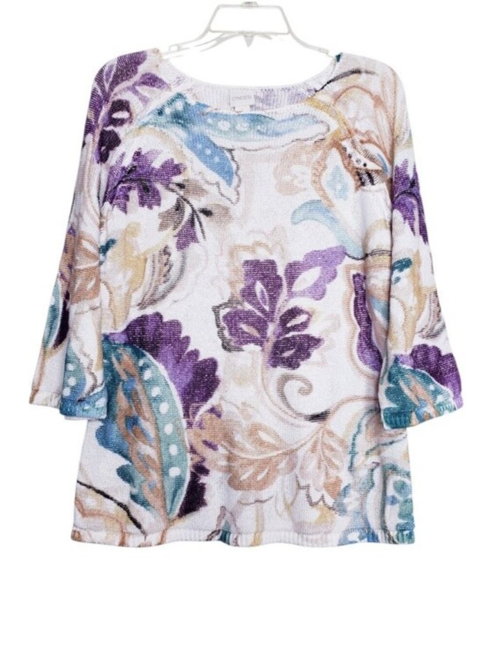 Chico's Floral Paisley Multicolor Knit 3/4 Sleeve Top Women's Size Medium
